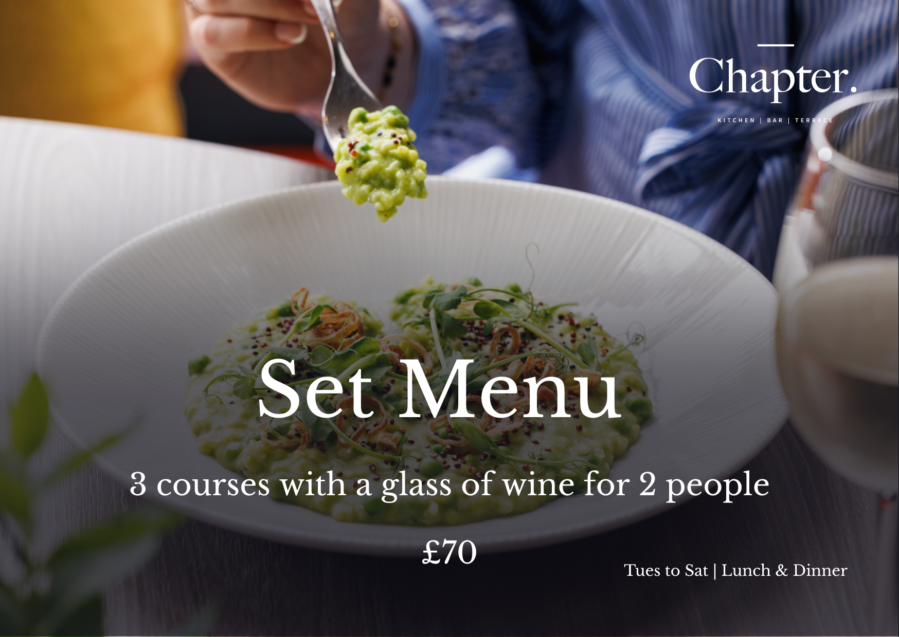 3 course Set Menu with Glass of Wine for 2 (£70.00)